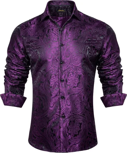 Vista 25 de DiBanGu Camisa de vestir de paisley de seda para hombre, formal, de manga larga, con cuello abotonado, camisas informales para fiesta de boda Negro