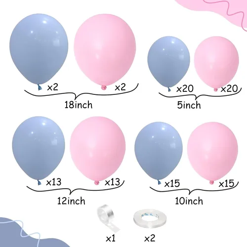 Vista 2 de Kit de arco de globos rosa y azul, kit de guirnalda de 100 globos azul claro rosa macarrón para revelación de género, globos de diferentes tamaños