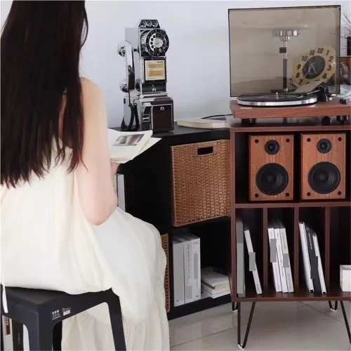 Vista 8 de Soporte para tocadiscos de madera, mesa de tocadiscos de gran capacidad, gabinete de almacenamiento abierto para medios, adecuado para sala