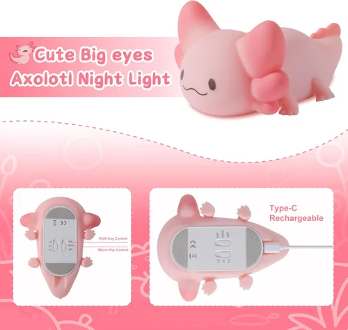 Vista 3 de ZKLiLi Axolotl Luz Nocturna para Niños, Lámpara Suave y Adorable Regulable, Regalos de Luz Nocturna para Niños para Bebé con Temporizador y 16