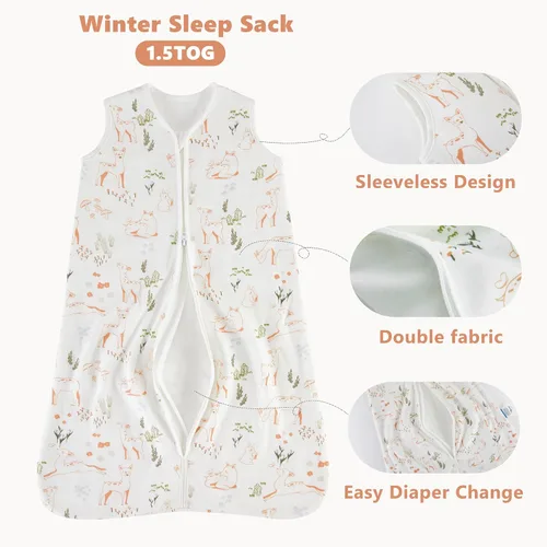 Vista 4 de Saco de Dormir para Bebé de 0 a 6 Meses, TOG 1.5, 100% Algodón, Cremallera Doble, Saco de Dormir Cálido y Suave, Venado Travieso