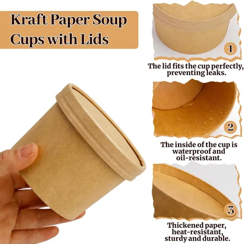 Vista 3 de Paquete de 50 recipientes de sopa con tapas, vasos desechables de 12 onzas con tapas, cuencos de papel para sopa con tapas, recipientes de sopa