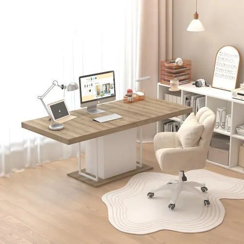 Vista 6 de Mesa de comedor extensible rectangular de 78.74 pulgadas para 6-10 personas, con base de pedestal blanca para cocina, comedor, sala de reuniones