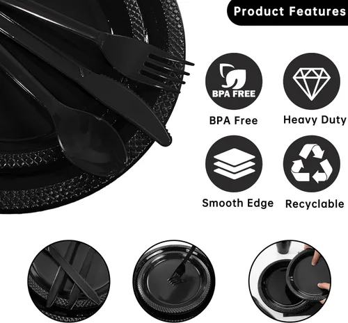 Vista 6 de MirthMood - 350 platos desechables negros, platos negros, suministros de plástico para fiestas, incluye 50 platos llanos, 50 platos de ensalada, 50