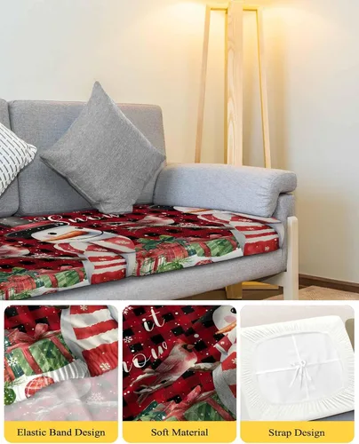 Vista 4 de Fundas de cojín para sofá de Navidad, funda elástica para sofá con parte inferior elástica, diseño de muñeco de nieve, pájaros, invierno, copos
