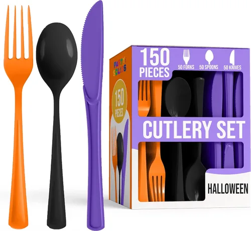 Vista 25 de Party Solids Cubiertos de plástico negro resistente, 150 piezas, cubiertos desechables negros, juegos de utensilios, 50 de cada tenedor, cuchillos