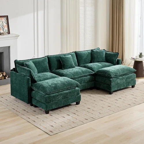 Vista 98 de Sofá seccional modular verde de 111.5", sofás seccionales grandes de 3 plazas para sala de estar, sofá nube oversized de tela chenille con otomana