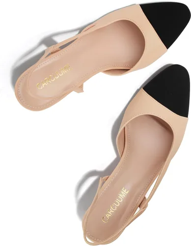 Vista 2 de Carcuume Tacones con espalda cruzada para mujer, zapatos de dos tonos, tacones bajos casuales sexys, tacones gruesos para mujer, zapatos de tacón