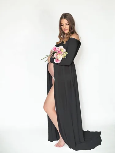 Vista 6 de YnimioAOX Vestido de maternidad de manga larga con hombros descubiertos para mujer, para fotografía, vestido de maternidad de gasa para sesión