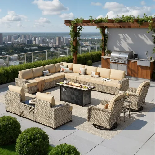 Vista 59 de HOOOWOOO Juego de muebles seccionales de patio con mesa de luz solar, 6 piezas de mimbre para exteriores, sofá en forma de L, juego de conversación