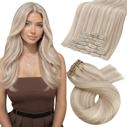 Vista 22 de Moresoo Extensiones de cabello humano con clip, balayage, color marrón oscuro a marrón dorado con clip, extensiones de cabello humano con clip, 5