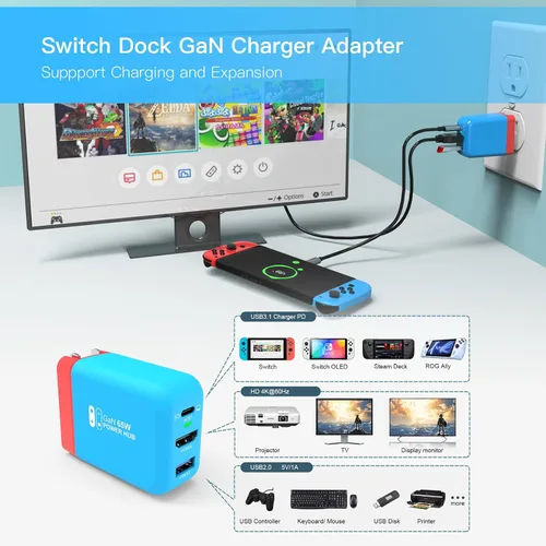 Vista 2 de Cargador de muelle de interruptor de 65 W para Nintendo SwitchSwitch OLEDSteam DeckROG Ally, estación de acoplamiento de TV portátil Basicolor