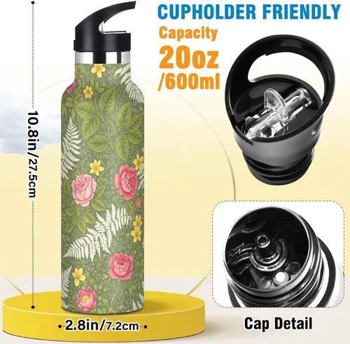 Vista 2 de Botella de agua para niños, para la escuela, a prueba de fugas, para niños y niñas, 20 onzas, sin BPA, flores botánicas vintage verde