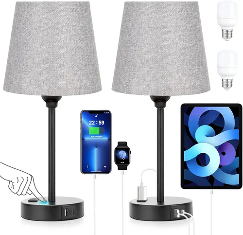 Vista 10 de Mini Lámparas de Mesita de Noche para Dormitorios Juego de 2 - Lámparas de Mesita de Noche para Dormitorio con Puerto USB C y Toma de Corriente AC