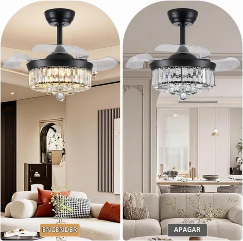 Vista 7 de DuMaiWay Ventilador de techo de 30 pulgadas con lámpara de cristal de luz, ventilador de techo reversible moderno, regulable, temporizador Negro