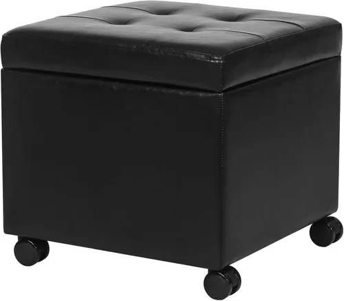 Vista 5 de Adeco Otomana moderna de cuero con ruedas, otomana cuadrada negra rodante de 18.8" con almacenamiento, taburete de tocador tapizado acolchado