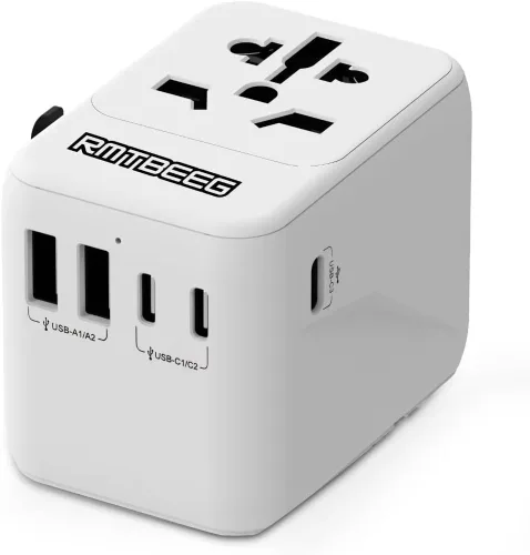 Vista 5 de Adaptador de viaje universal, adaptador de enchufe de alimentación internacional con 3 puertos USB-C y 2 puertos USB-A, cargador de pared todo