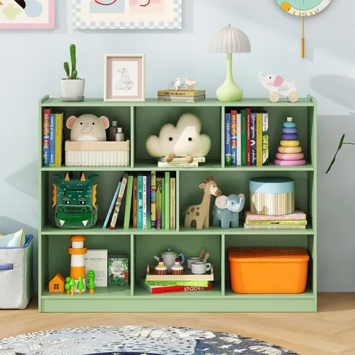 Vista 17 de KOTEK Organizador de almacenamiento de juguetes, estantería infantil de 5 cubos, estantería de madera de 3 niveles, estante abierto para guardería
