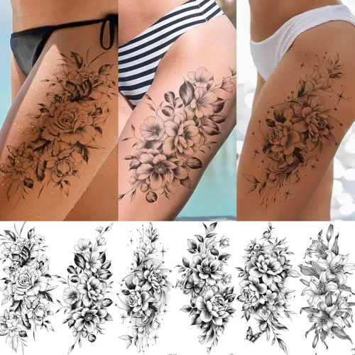 Vista 3 de EMOME 12 hojas de tatuajes temporales sexys para mujeres, flores de medio brazo, manga de tatuajes falsos, calcomanías de tatuaje realistas