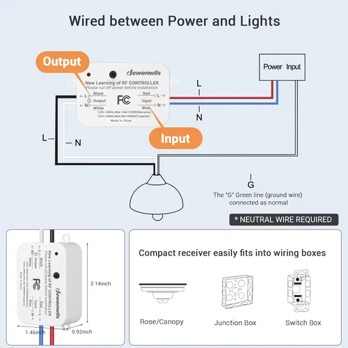 Vista 4 de DEWENWILS - Kit de interruptor inalámbrico de luz y receptor, sin necesidad de cableado en la pared, interruptor de control remoto para luminarias