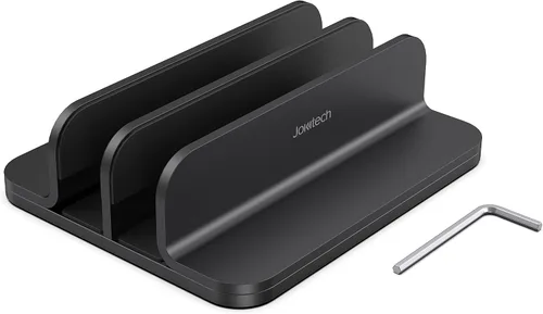 Vista 5 de Organizador vertical de aluminio doble para laptop, soporte resistente para computadora portátil compatible con Liquid Retina XDR Apple MacBook Negro