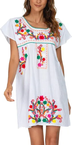 Vista 37 de YZXDORWJ Vestido bordado mexicano de manga corta para mujer 222BK