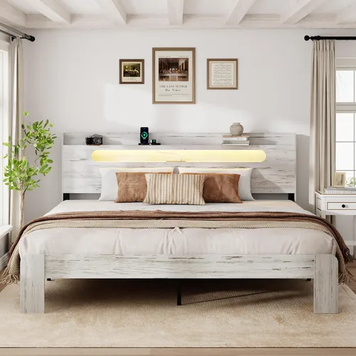 Vista 11 de Base de cama de madera tamaño Queen con cabecera de almacenamiento