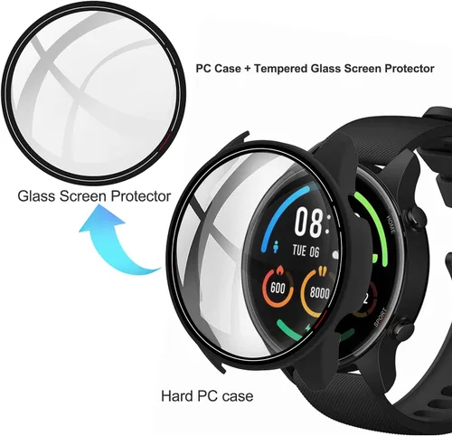 Vista 2 de Paquete de 2 fundas con protector de pantalla de vidrio templado compatible con Xiaomi Mi Watch, dureza 9H 360°, carcasa de PC completa negra +