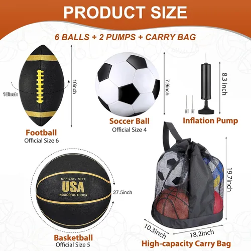 Vista 2 de Lenwen Juego de 6 pelotas deportivas para niños y adolescentes, incluye balón de fútbol de baloncesto de tamaño oficial con bolsas