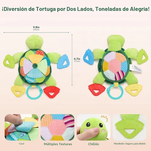 Vista 2 de Juguetes sensoriales para bebés de 0 a 6 a 12 meses, 6 en 1 con forma de Tortuga verde