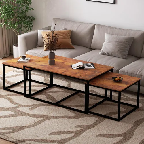 Vista 7 de Mesas de centro anidables, mesa de centro de 3 piezas, mesa auxiliar rectangular industrial, mesas auxiliares para sala de estar y dormitorio (negro)