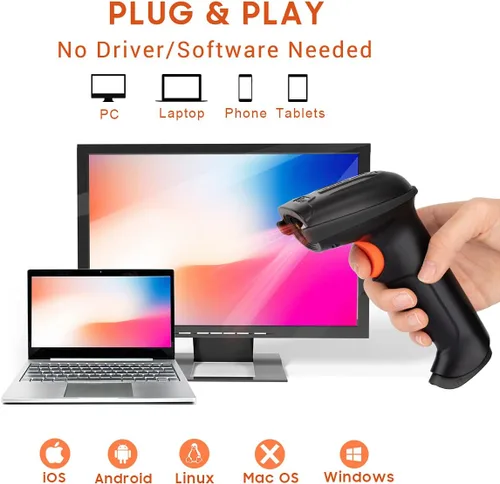 Vista 5 de Tera Escáner de código de barras inalámbrico Pro 1D 3 en 1 Bluetooth y 2.4G inalámbrico y USB con cable CCD inalámbrico de 2500 píxeles lector