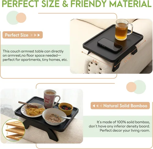 Vista 4 de Mesa de Brazo de Sofá SINWANT, Bandeja de Brazo de Sofá de Bambú para Respaldo, Bandeja con Clip de 13.78" para Sofá para Sala de Estar, Snack
