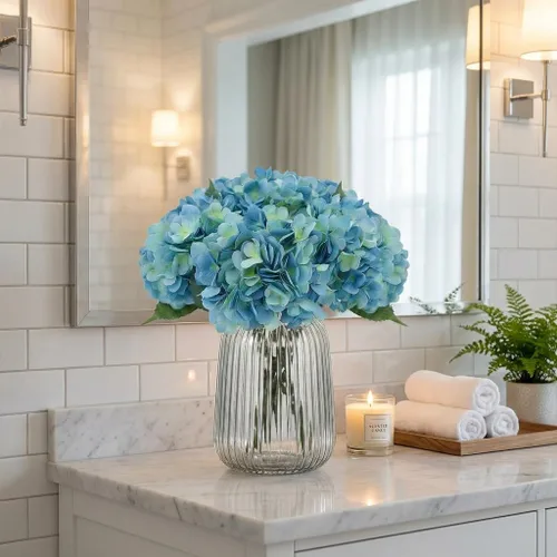 Vista 4 de 5 piezas de flores artificiales falsas, hortensias de seda, 1 arreglos de cabeza de flor, ramos de boda, decoración floral de plástico, centros