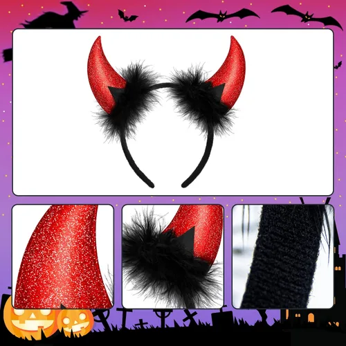 Vista 2 de Diadema de cuerno de diablo, diadema de Halloween, accesorio para disfraz de Halloween (rojo)