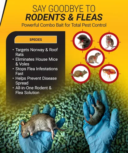 Vista 3 de Cebo combinado en pellets Kaput, cebo para ratas para matar roedores y pulgas, ratones noruegos, ratones caseros y topos de pino - Incluye warfarina