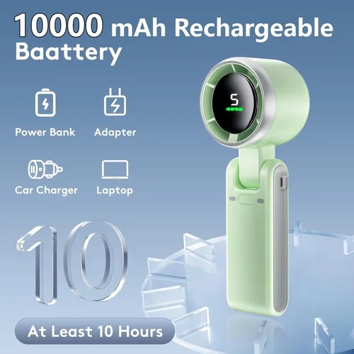 Vista 3 de Mini ventilador portátil de mano, potente ventilador turbo plegable, batería de 10000 mAh y velocidad de 50000 RPM, ventiladores personales Verde