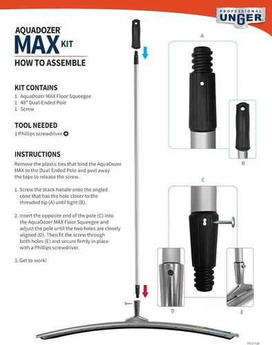 Vista 2 de Unger Kit profesional AquaDozer Max, espátula curvada de superficie lisa de 36 pulgadas y poste de doble extremo de 48 pulgadas, limpiador de hoja