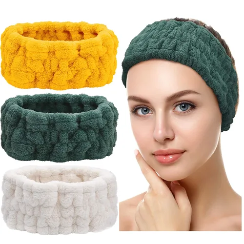 Vista 9 de Chuangdi Diadema de spa de 3 piezas para mujer, diadema de maquillaje facial, diadema de tela de rizo suave para lavar, máscara facial, regalos