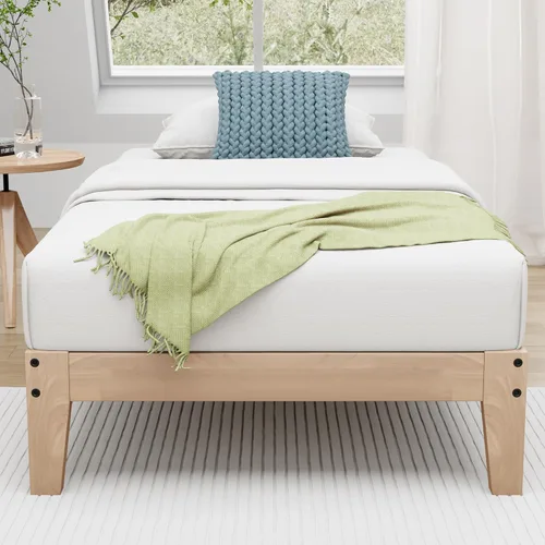 Vista 8 de Awesofurni Base de cama individual, plataforma de madera maciza de 12 pulgadas con listones de madera, marco de cama de madera con acabado natural