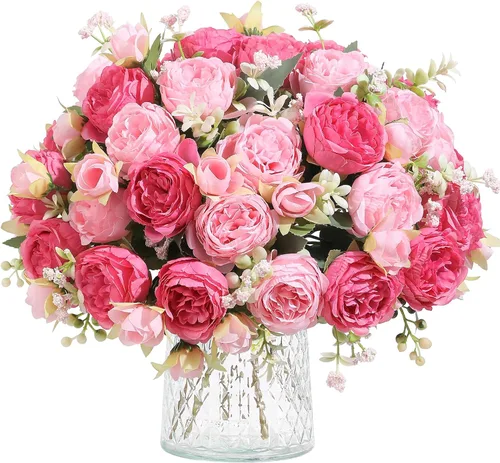 Vista 23 de 2 racimos de flores artificiales de peonía beige, ramo de peonías de seda para bodas, fiestas, centros de mesa, arreglos florales, decoración