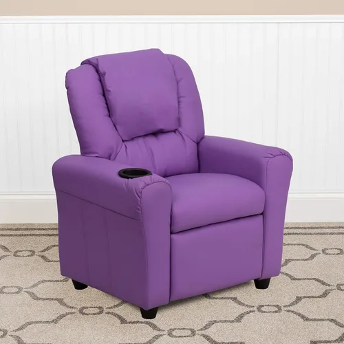 Vista 13 de EMMA + OLIVER Sillón reclinable infantil de vinilo beige con portavasos y reposacabezas