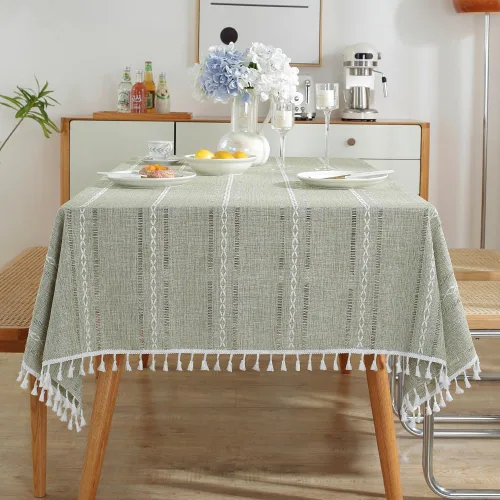 Vista 11 de meioro Mantel rústico, mantel rectangular de algodón texturizado de lino con borla, mantel de tela resistente para granja con bordado de rayas