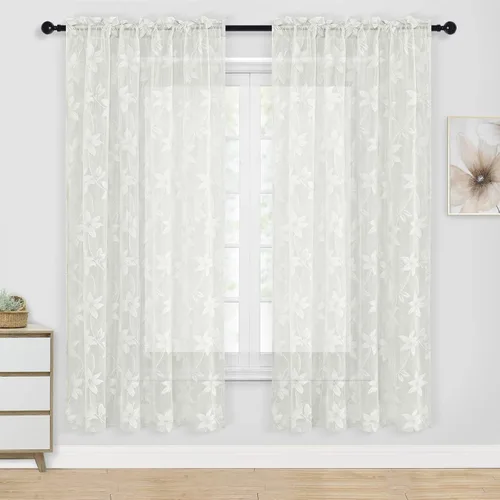 Vista 41 de DWCN Paquete de 2 cortinas traslúcidas pequeñas de encaje floral beige para cocina, cortinas traslúcidas ligeras con bolsillo para barra, cortinas
