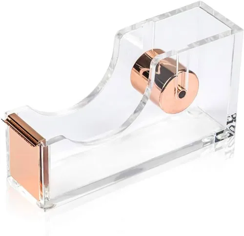 Vista 7 de Dispensador de cinta de calidad dorada acrílica ultra transparente contemporánea, dispensador de cinta acrílica dorada con una sola mano