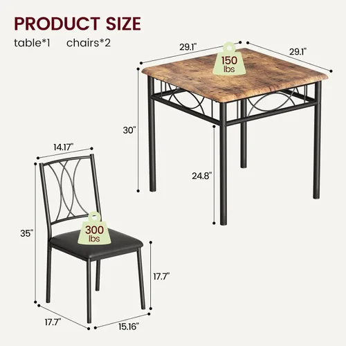 Vista 2 de CABIHOME Juego de mesa de comedor para 2, juego de mesa de cocina de 3 piezas con 2 sillas tapizadas, juego de mesa de cocina cuadrada para espacios