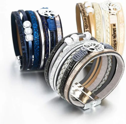 Vista 6 de Fesciory - Pulseras de cuero para mujer, cuentas de cristal, diseño de leopardo, estilo bohemio, múltiples niveles