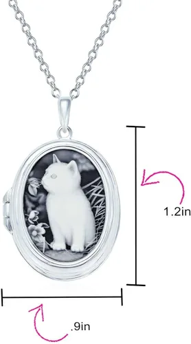 Vista 5 de Personalizado grabado personalizado sostiene imagen vintage estilo antiguo simulado negro blanco ónix sentado gatito oval gato camafeo foto colgante