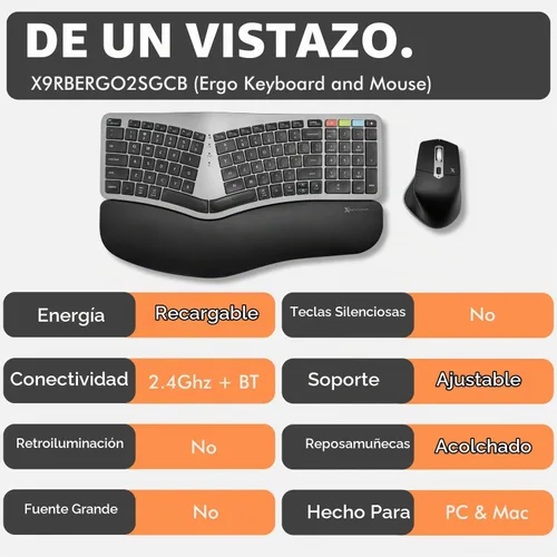 Vista 7 de X9 Combo ergonómico de teclado y mouse inalámbricos: teclado Ergo Split con reposamuñecas y mouse, 2.4G y Bluetooth, teclado ergonómico y mouse