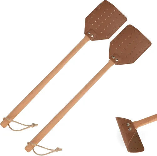 Vista 8 de Matamoscas de cuero, matamoscas manual resistente con mango de madera largo y cuerda para colgar, matamoscas duradero, matamoscas de avispas